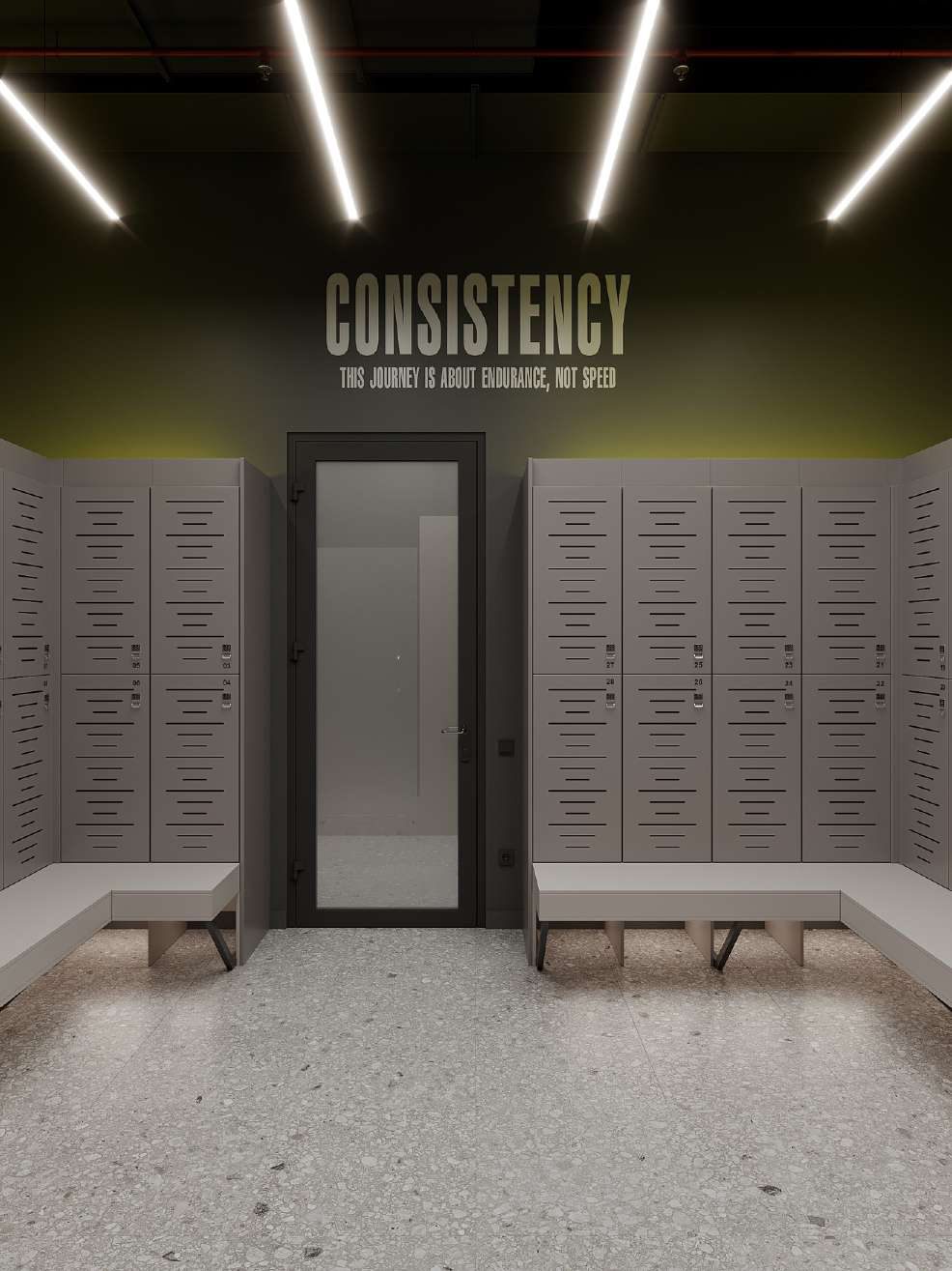 Мужская раздевалка с надписью CONSISTENCY