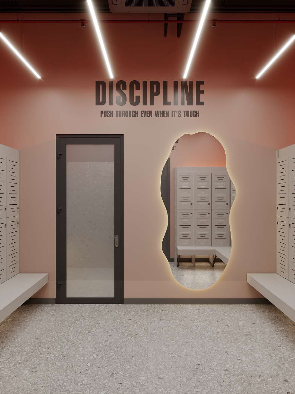 Женская раздевалка с надписью DISCIPLINE