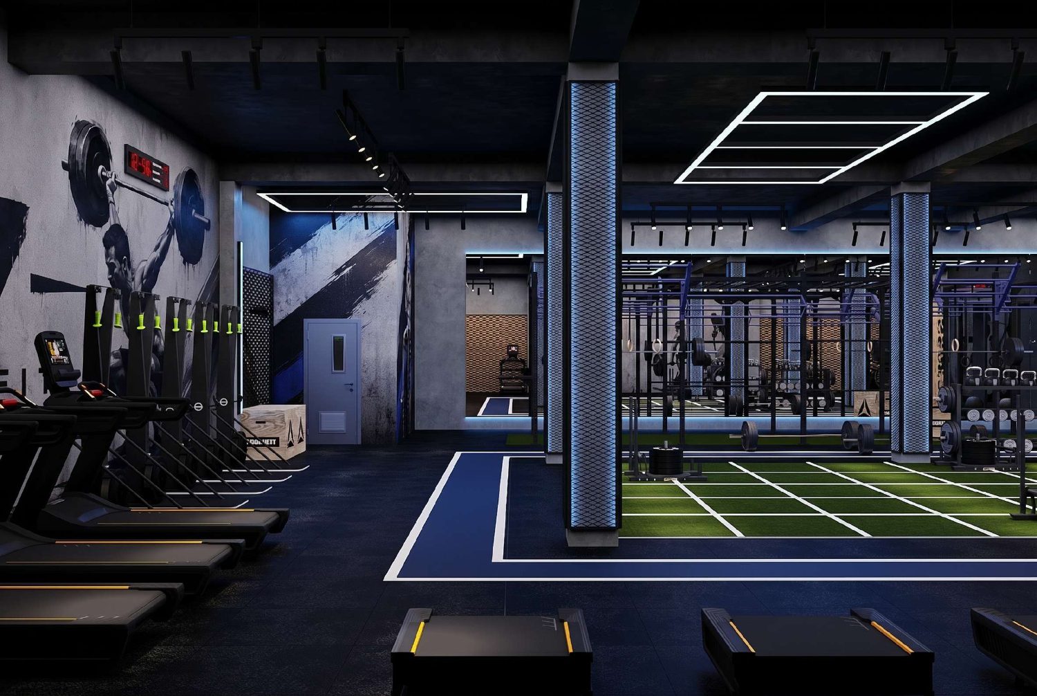 Зал B7GYM: функциональная зона с покрытием, тренажёры и светодиодное освещение